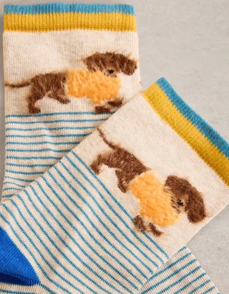 Women's Fluffy Sausage Dog Ankle Socks Natural Multi