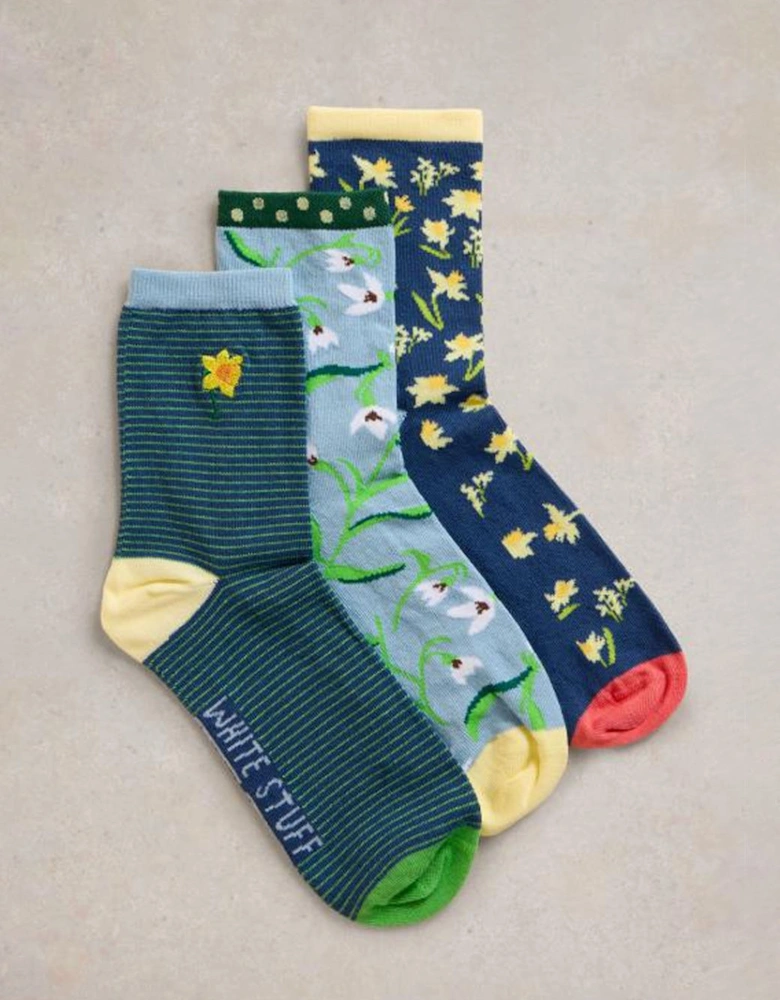 Women's Spring Floral Ankle Socks 3 Pack Blue Multi