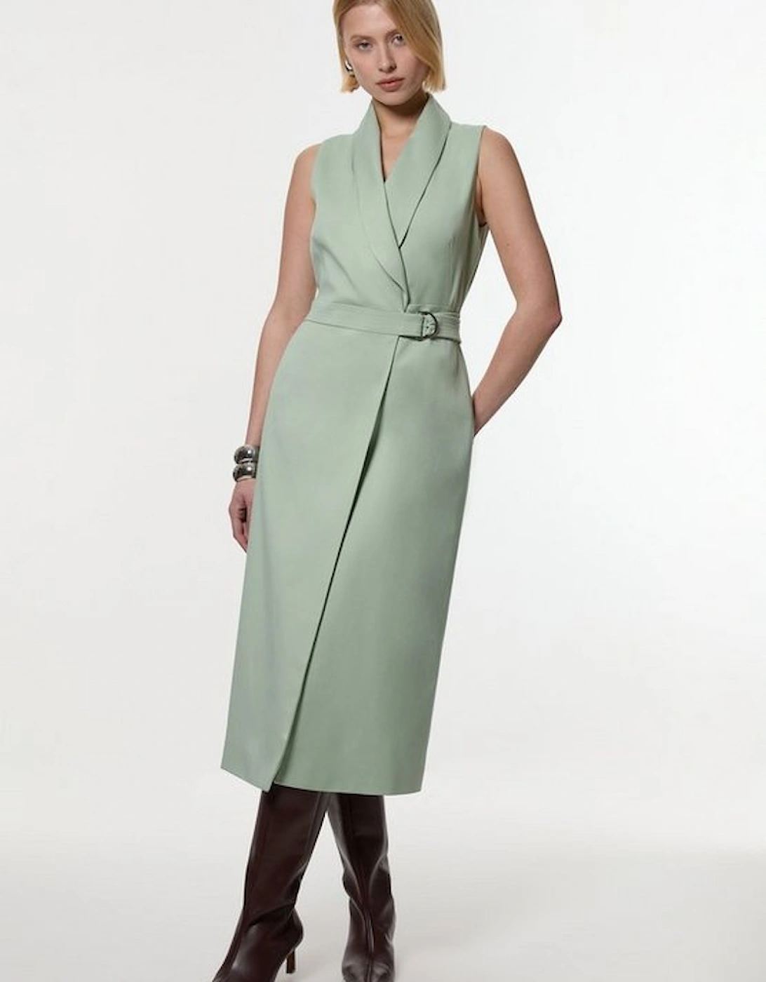 Soft Tie Tailored Sleeveless Pencil Midi Dress, 4 of 3