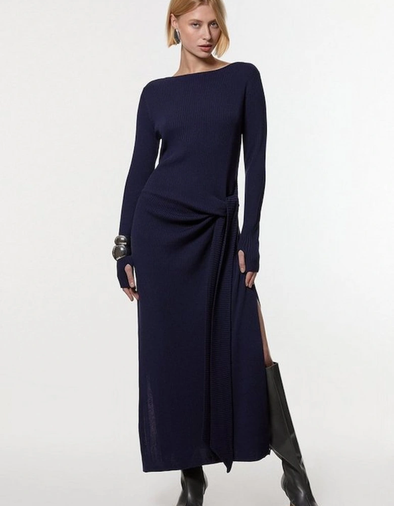 Petite Wool Tencel Ribbed Knit Tie Detail Maxi Dress