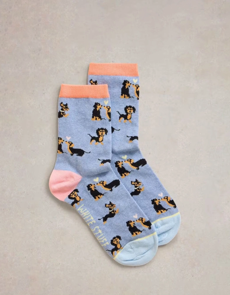 Women's Kissing Sausage Dog Ankle Sock Light Blue