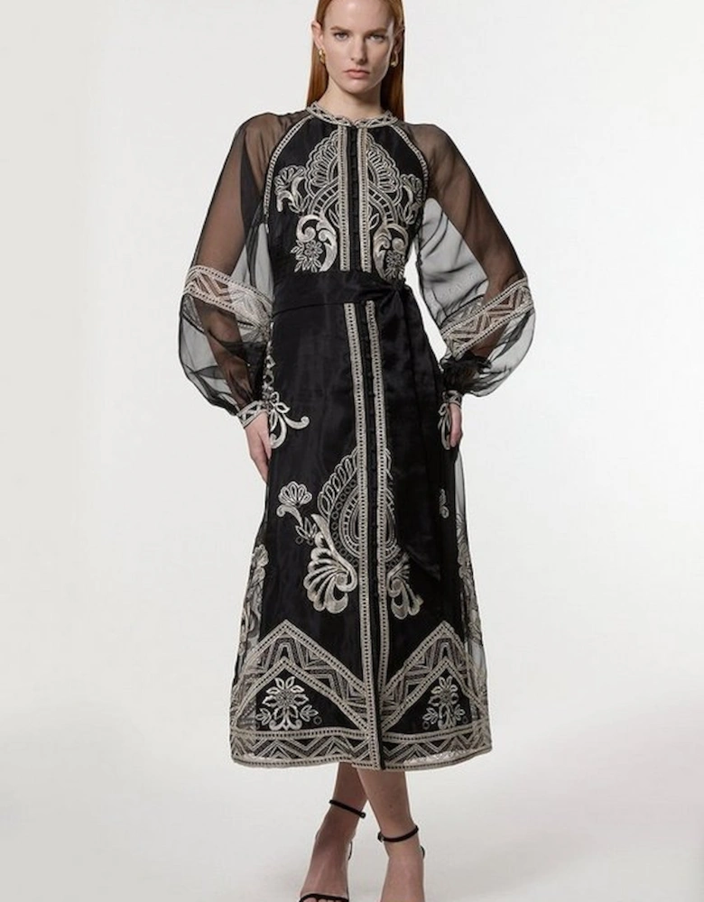 Embroidered Organdie Balloon Sleeve Woven Maxi Dress