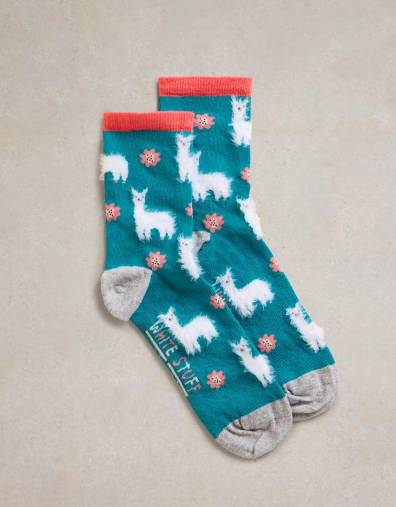 Women's Fluffy Llama Ankle Socks Bright Teal