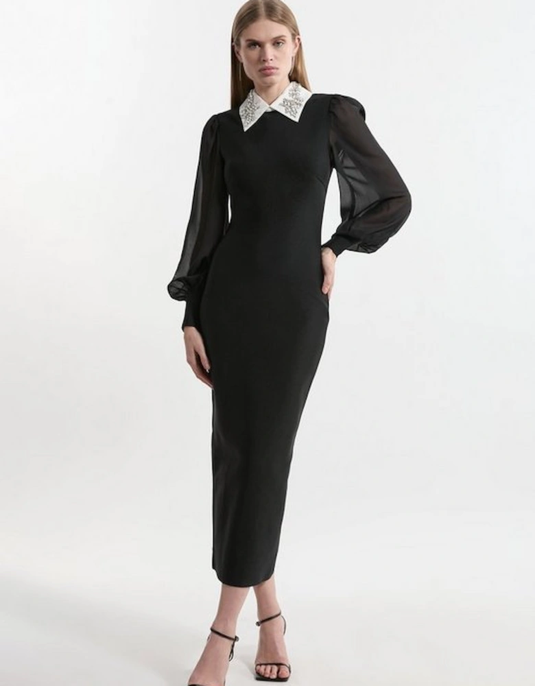 Petite Bandage Collared Midi Dress With Sheer Sleeve