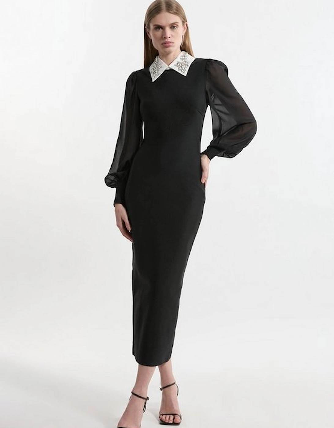 Petite Bandage Collared Midi Dress With Sheer Sleeve, 4 of 3