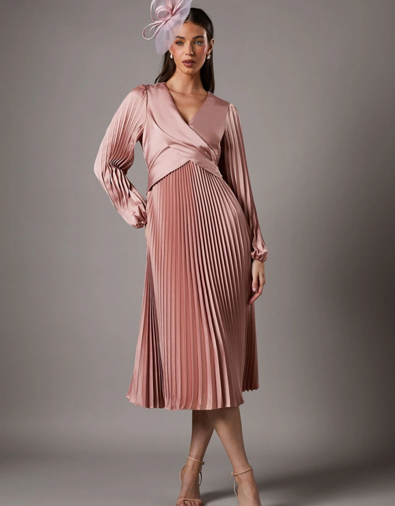 Pleat Skirt Satin Midi Dress