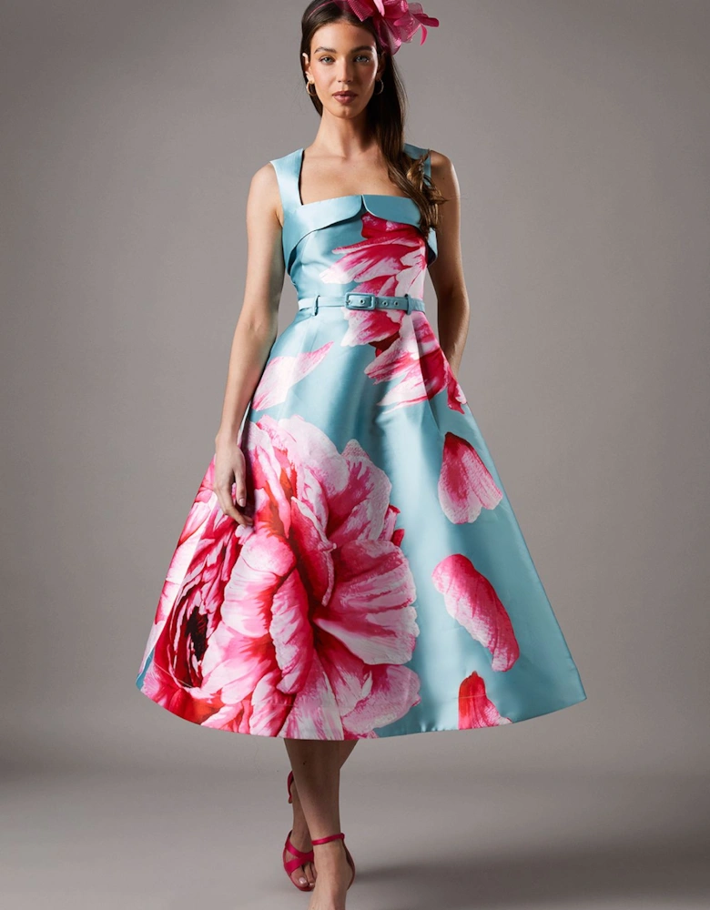 Petite Large Rose Print Twill Dress