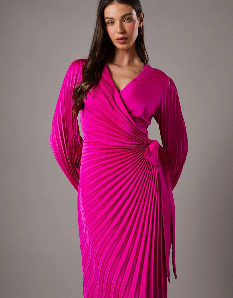 Satin Pleated Wrap Dress