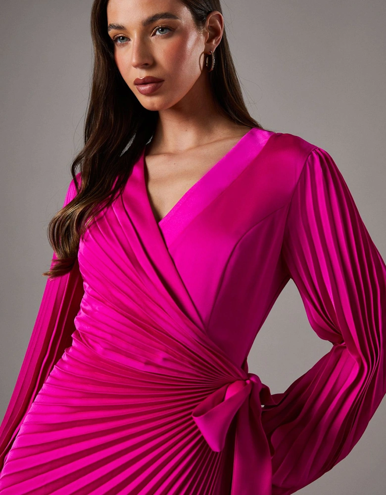 Satin Pleated Wrap Dress