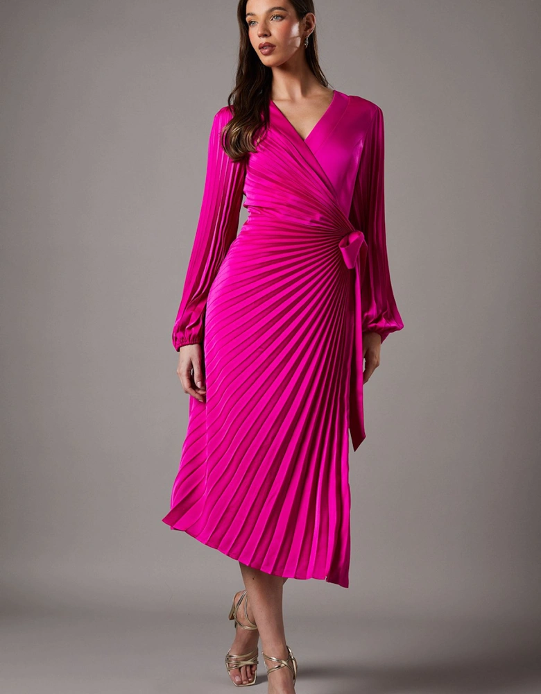 Satin Pleated Wrap Dress