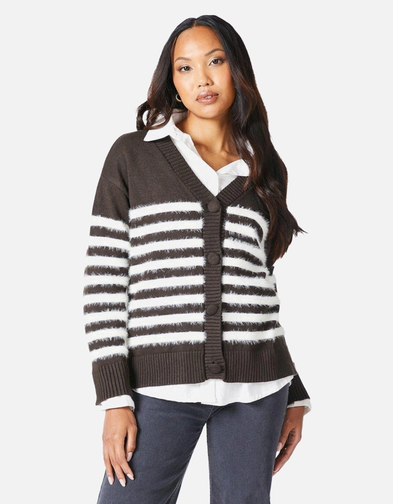 Womens/Ladies Striped Eyelash Knit Cardigan