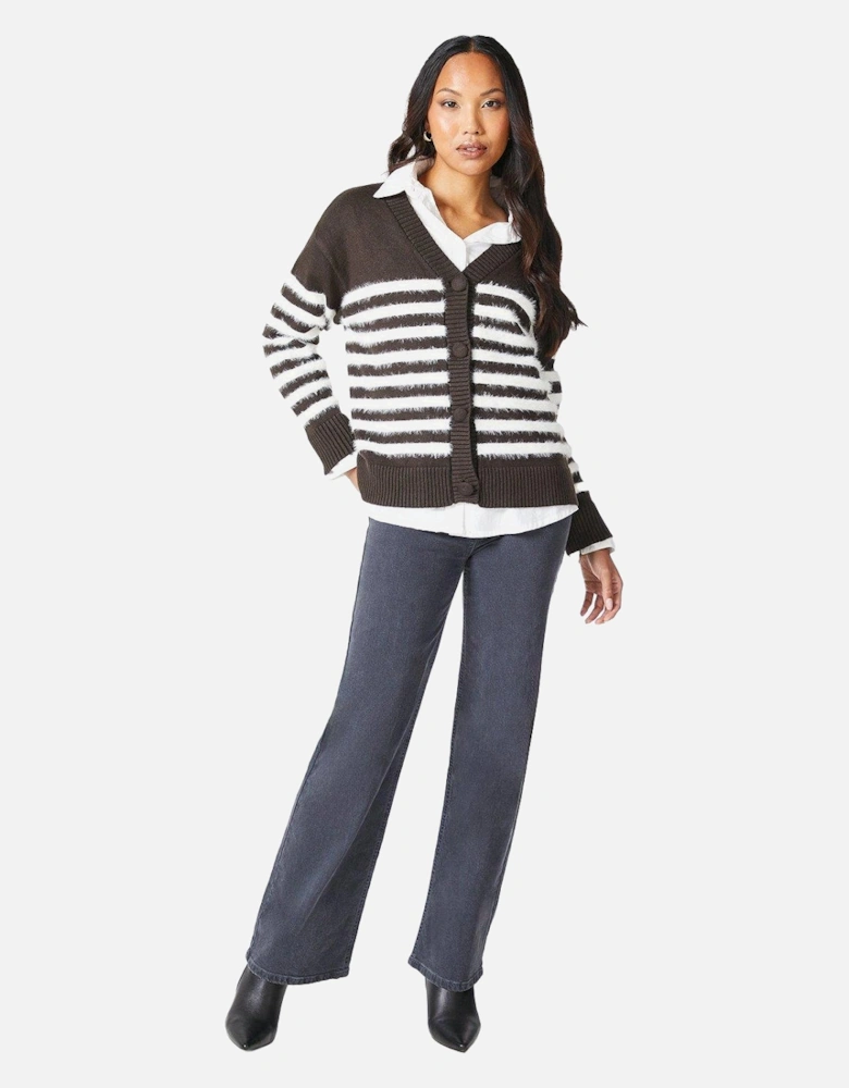 Womens/Ladies Striped Eyelash Knit Cardigan