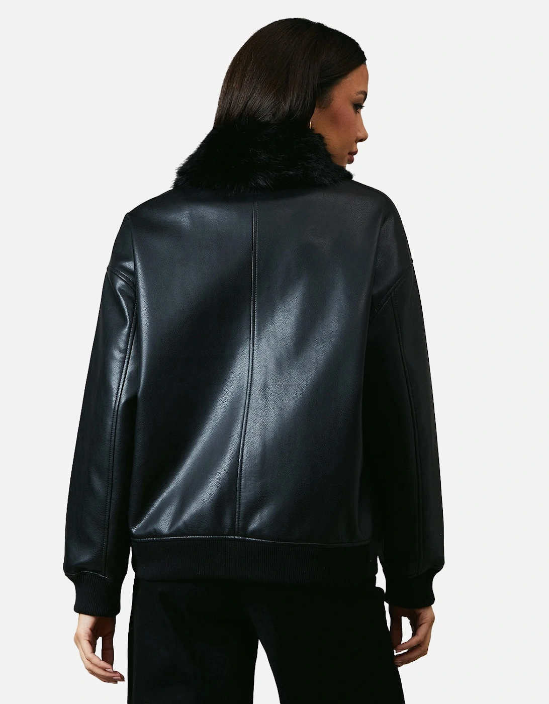 Womens/Ladies Leather Faux Fur Collar Bomber Jacket