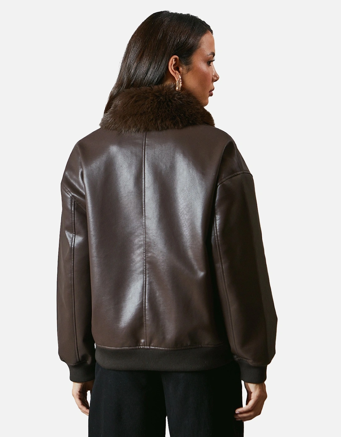 Womens/Ladies Leather Faux Fur Collar Bomber Jacket