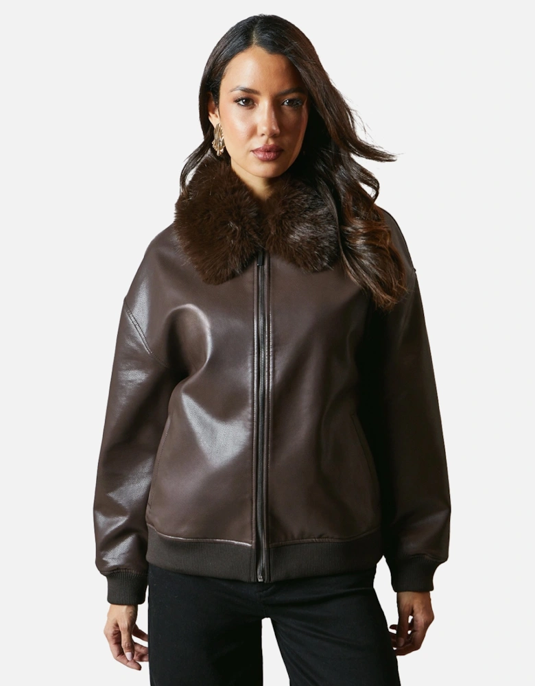 Womens/Ladies Leather Faux Fur Collar Bomber Jacket