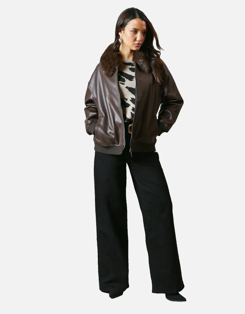 Womens/Ladies Leather Faux Fur Collar Bomber Jacket