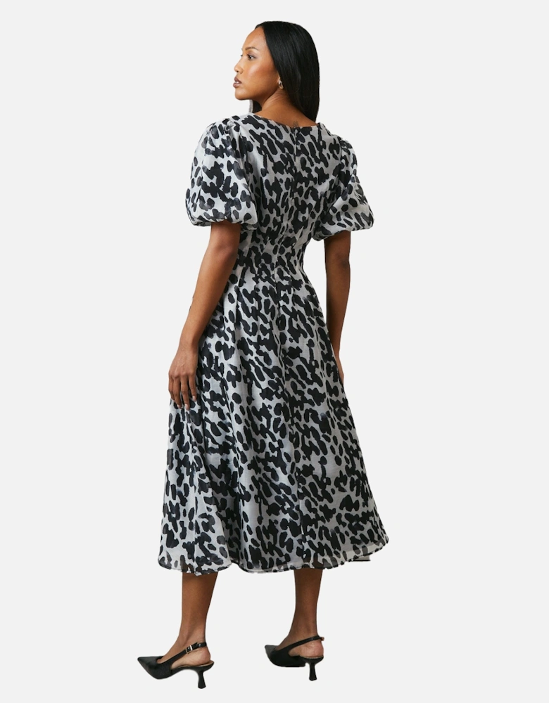 Womens/Ladies Animal Print Pleated Puffed Midi Dress