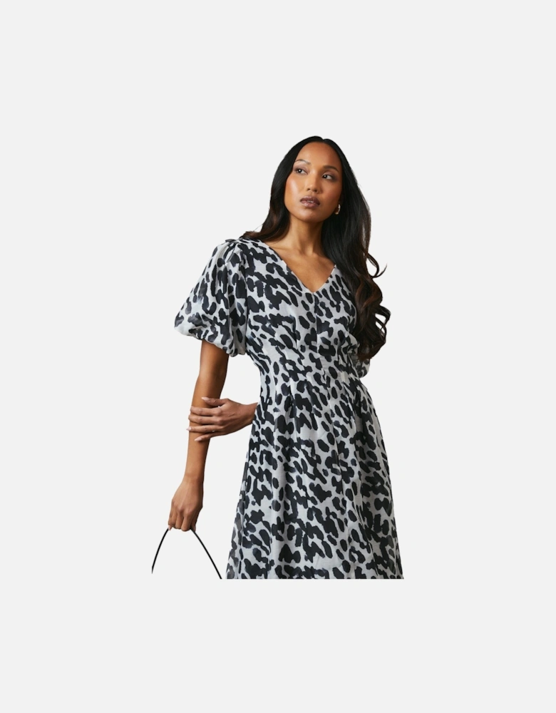 Womens/Ladies Animal Print Pleated Puffed Midi Dress