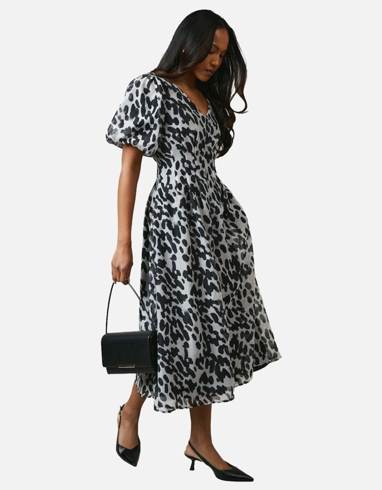 Womens/Ladies Animal Print Pleated Puffed Midi Dress