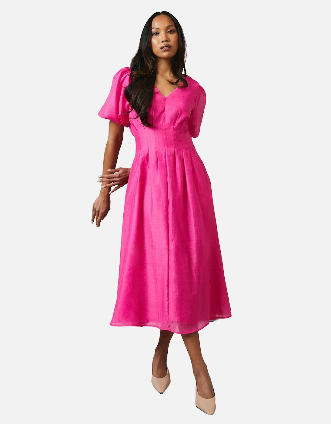 Womens/Ladies Pleated Puff Sleeve Midi Dress, 4 of 3