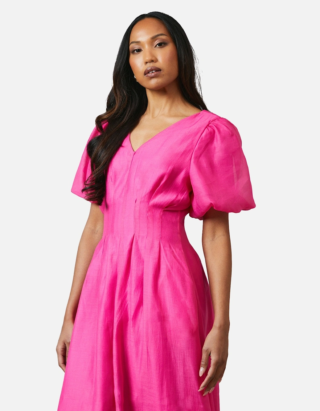 Womens/Ladies Pleated Puff Sleeve Midi Dress