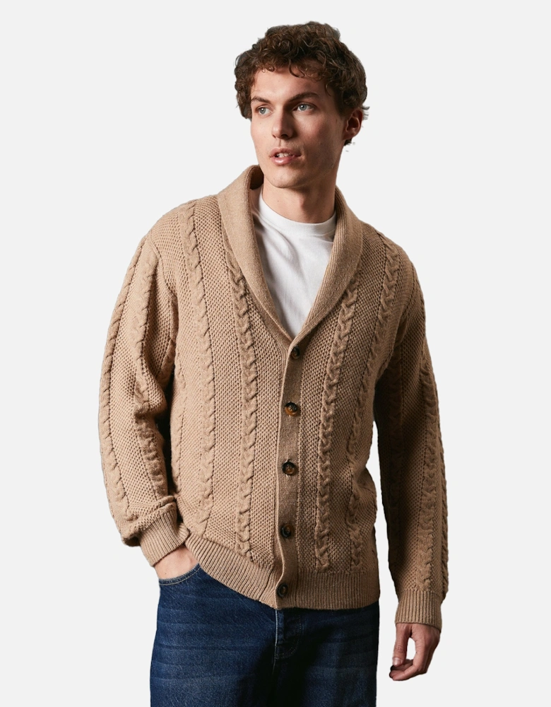 Mens Cable Knit Shawl Collar Cardigan