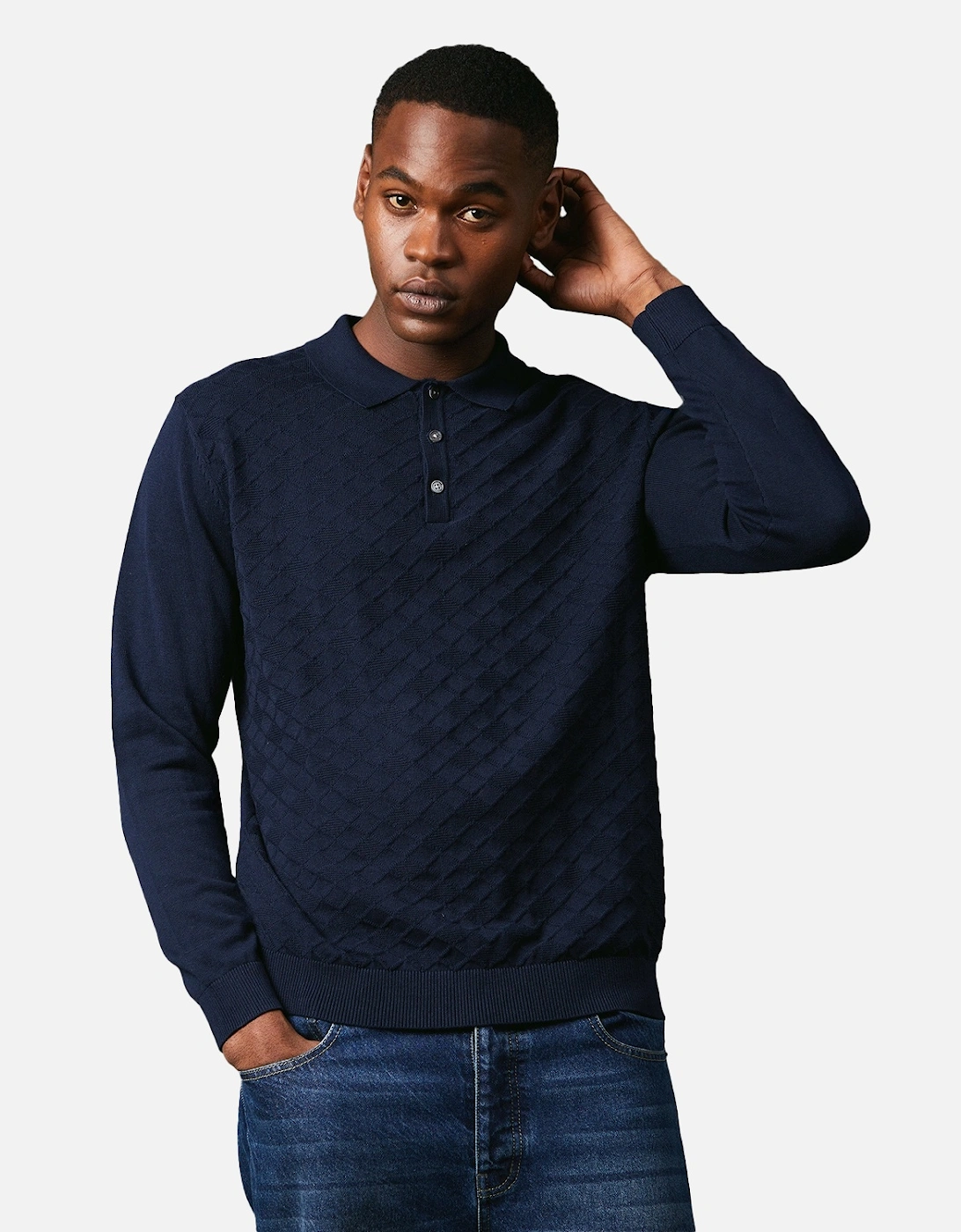 Mens Textured Knitted Long-Sleeved Polo Shirt, 4 of 3