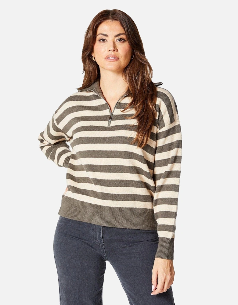 Womens/Ladies Stripe Quarter Zip Jumper