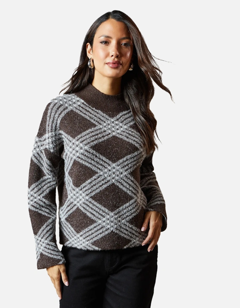 Womens/Ladies Checked High-Neck Jumper