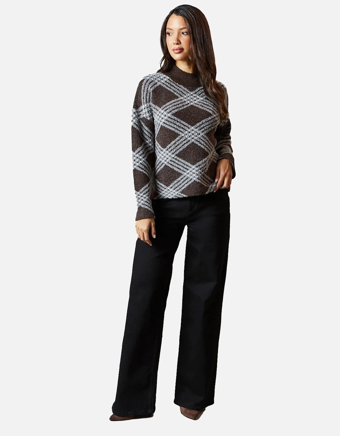 Womens/Ladies Checked High-Neck Jumper