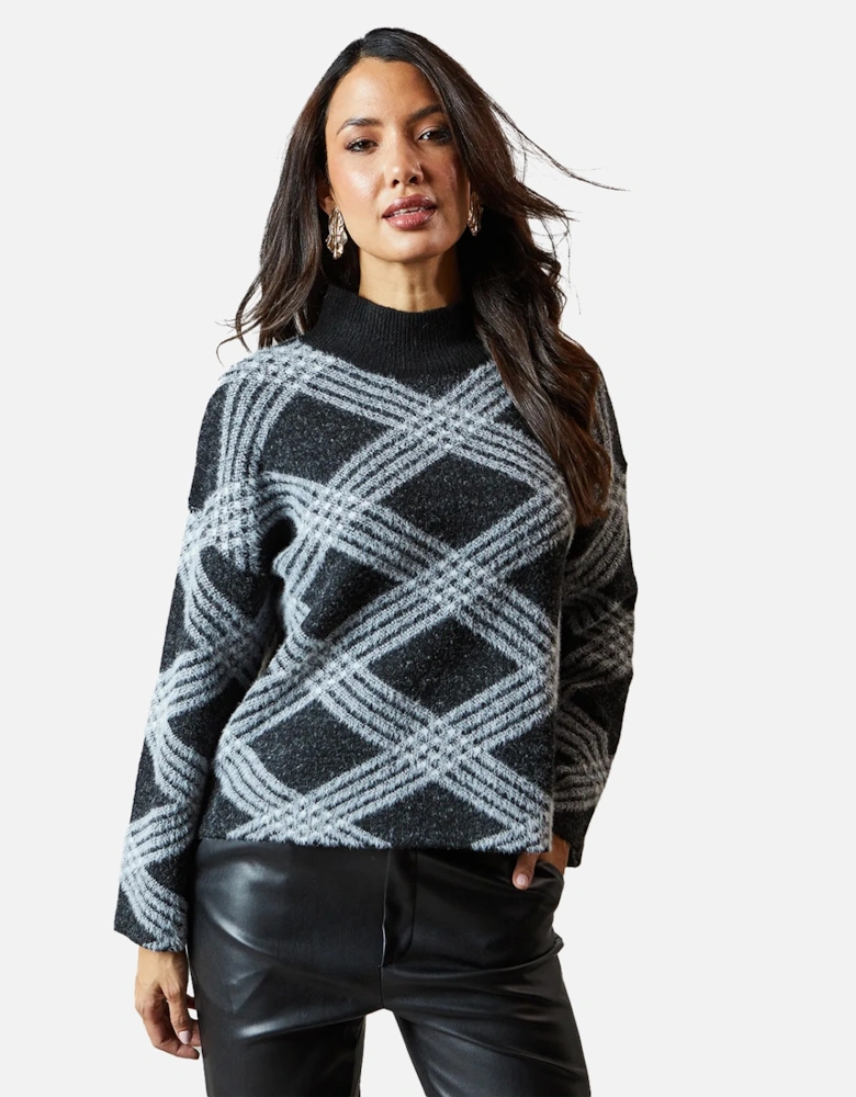 Womens/Ladies Checked High-Neck Jumper