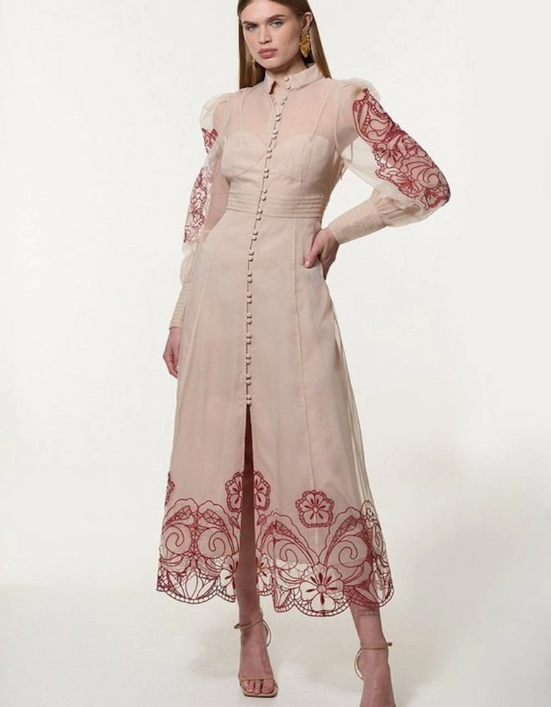 Tall Organdie Embroidered Woven Midi Dress