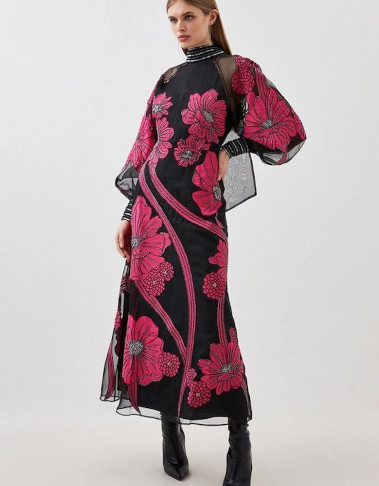 Applique Organdie Floral Graphic Maxi Dress