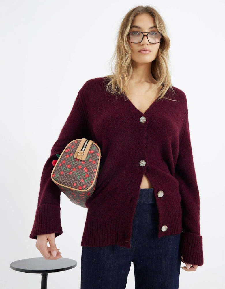 Midi Length Button Cardigan - Dark Red