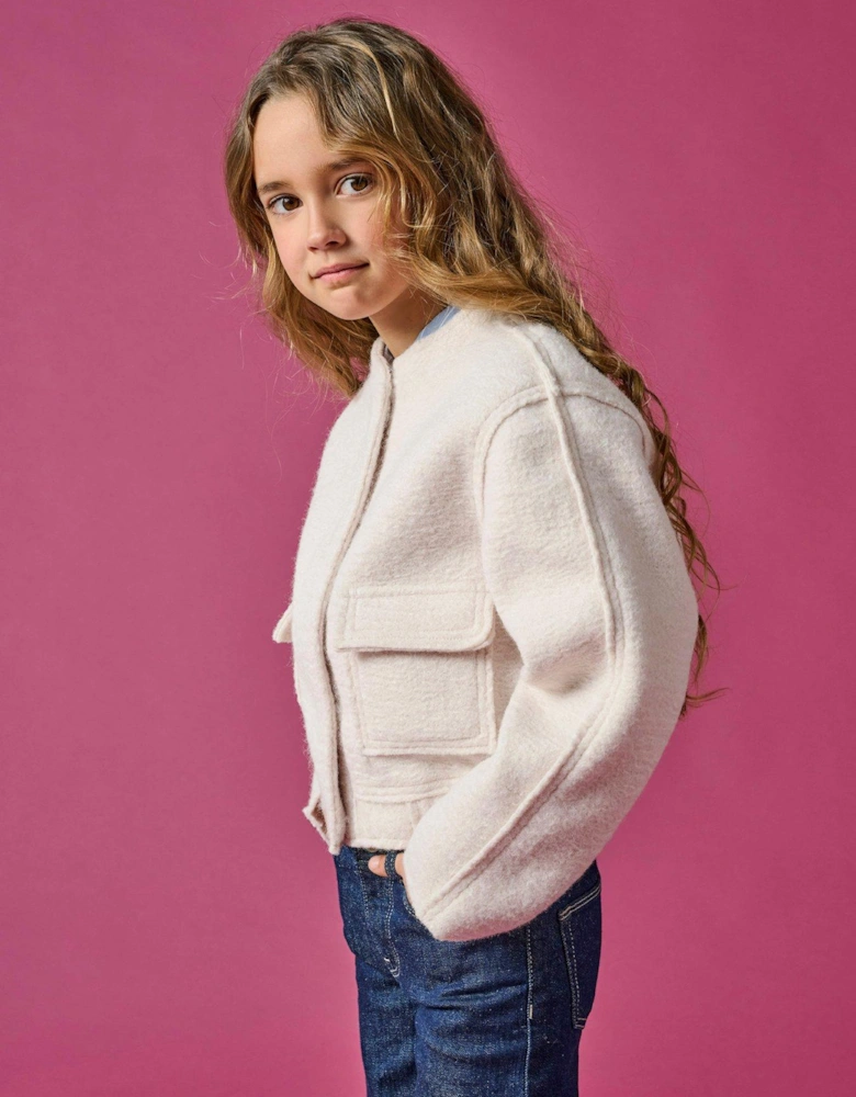 Girls Boucle Bomber Jacket - Moonbeam - Cream