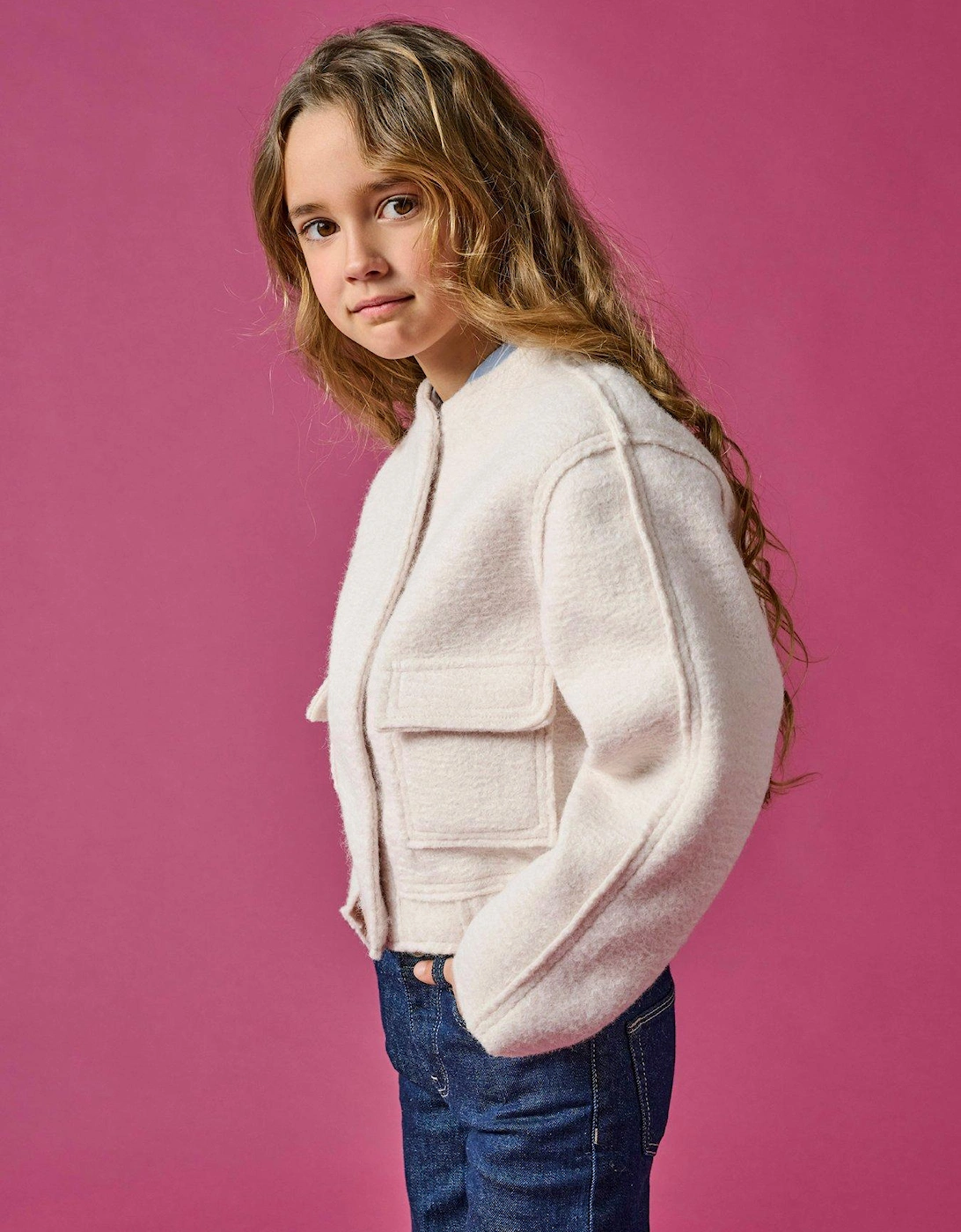 Girls Boucle Bomber Jacket - Moonbeam - Cream, 5 of 4