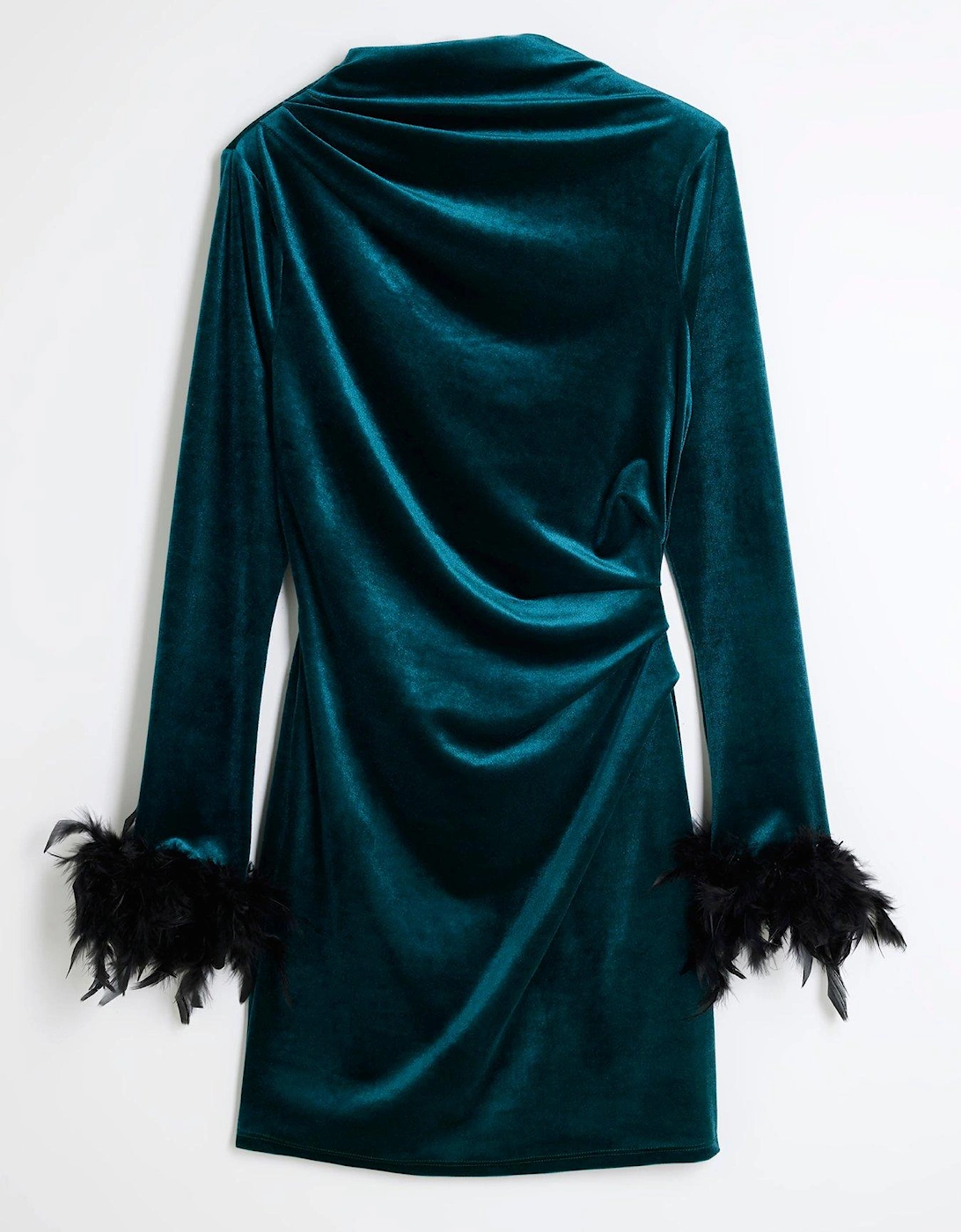 Drape Velvet Feather Mini Dress - Green