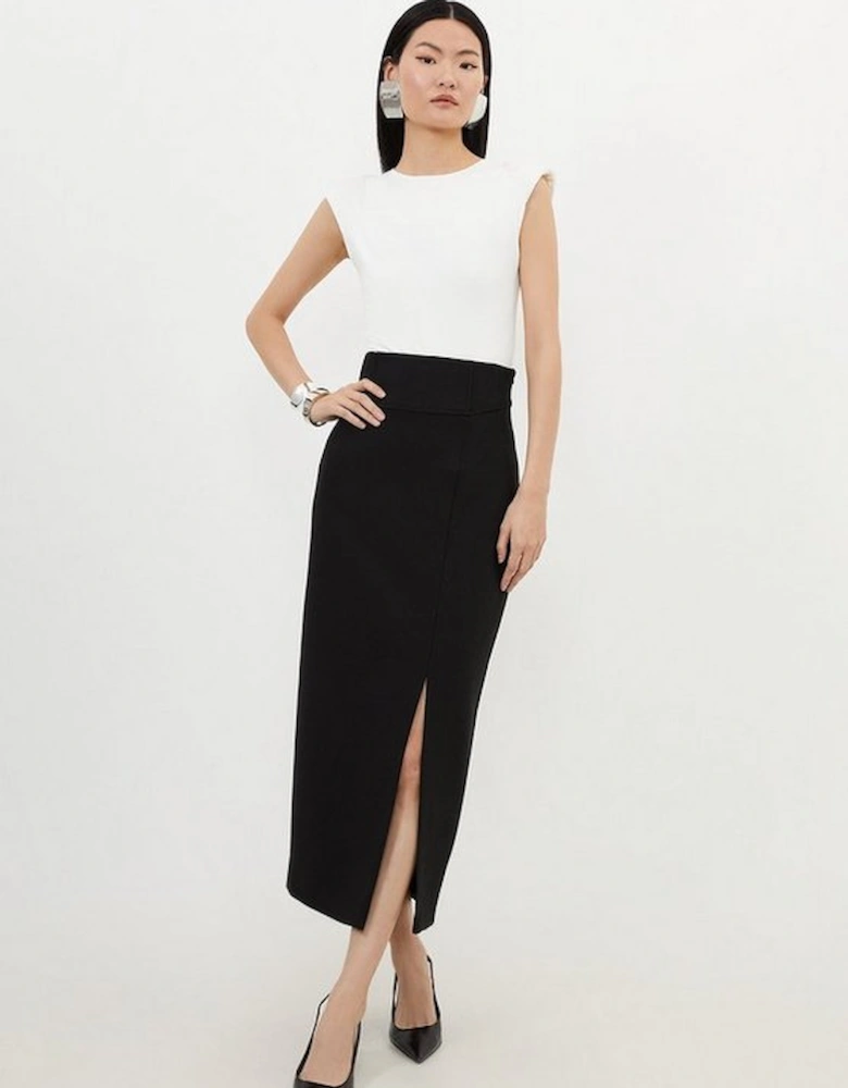 Compact Stretch Side Split Tailored Midi Pencil Skirt