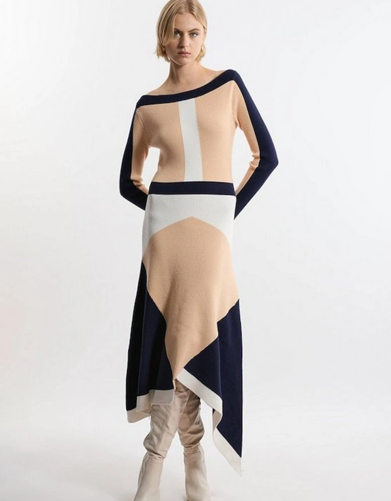 Viscose Blend Knit Asymmetric Colour Block Dress