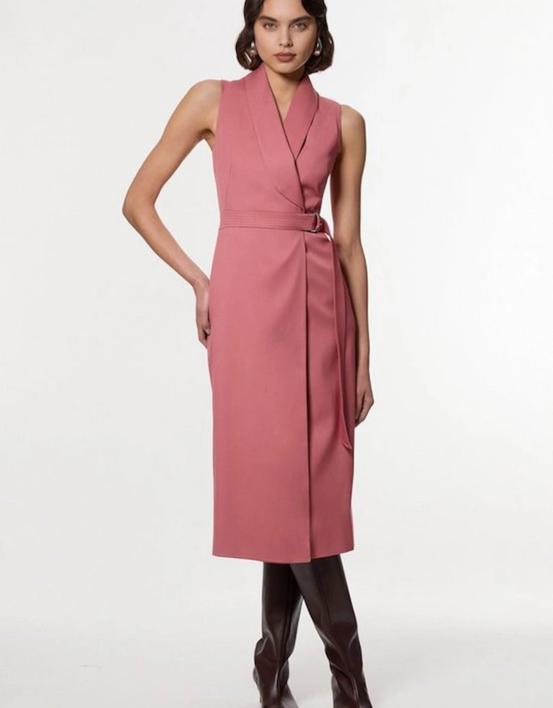 Soft Tie Tailored Sleeveless Pencil Midi Dress