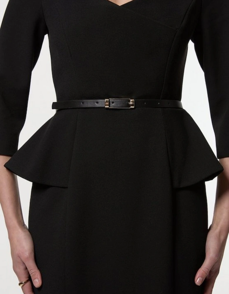 Structured Crepe Long Sleeve Belted Tailored Pencil Midi Dress