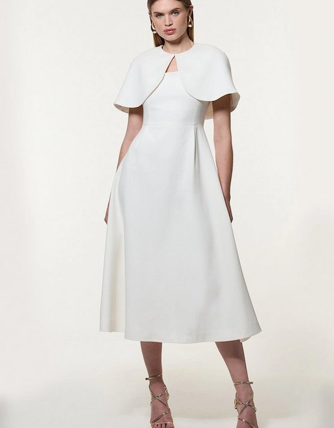 Structured Crepe Cape Detail Tailored Midi Dress, 5 of 4