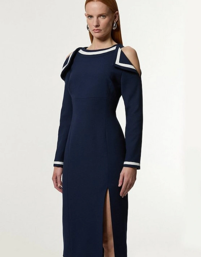 Compact Stretch Contrast Tipped Bardot Tailored Midi Dress