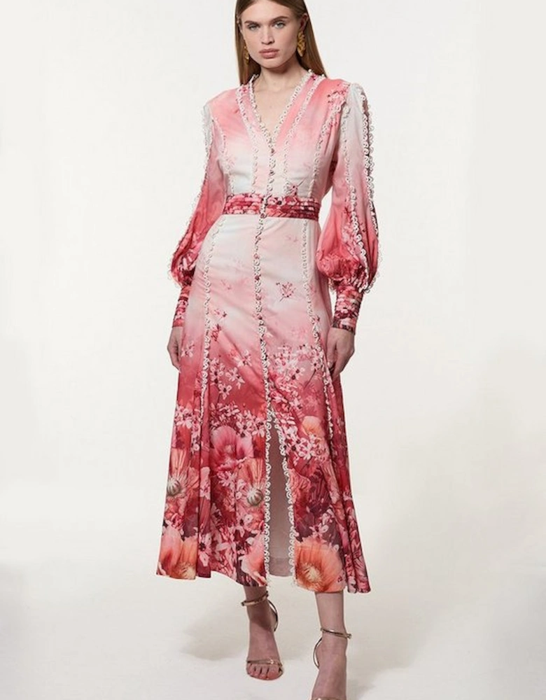 Trailing Floral Woven Plunge Balloon Sleeve Maxi Dress