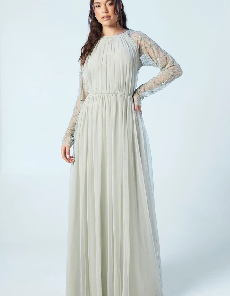 Sheer Embellished Sleeve Mesh Bridesmaids Maxi Dress