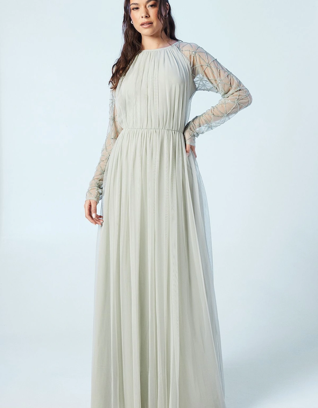 Sheer Embellished Sleeve Mesh Bridesmaids Maxi Dress, 6 of 5