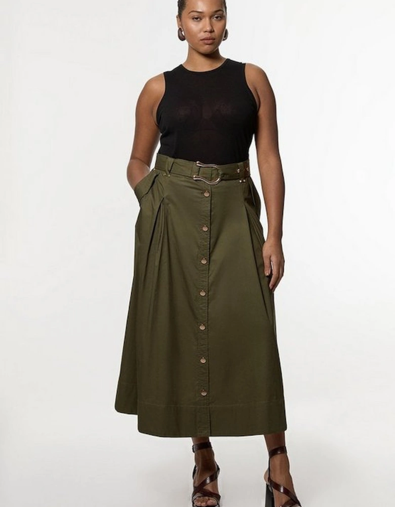 Plus Size Cotton Sateen Belt Detail Midi Skirt