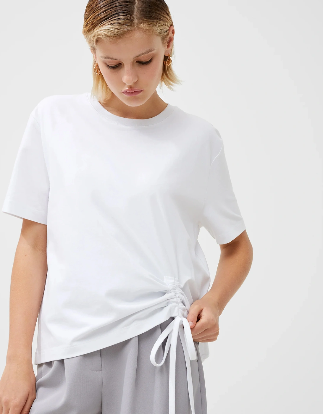 Rallie Cotton Rouched T-Shirt Linen White