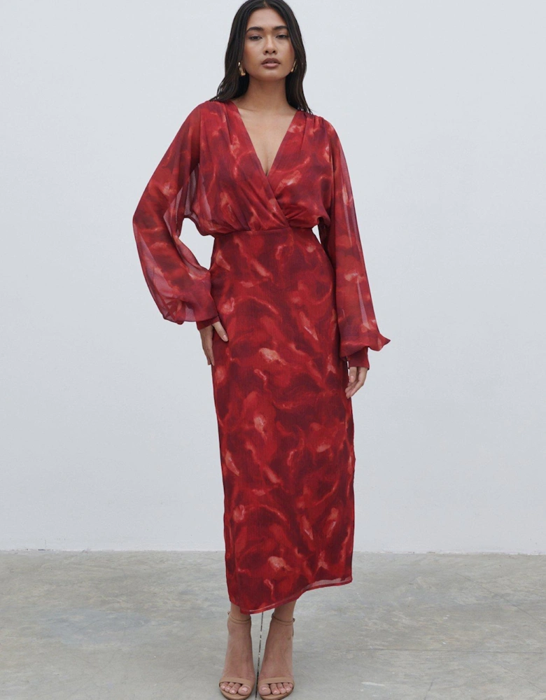 Floral Batwing Midaxi Dress - Dark Red