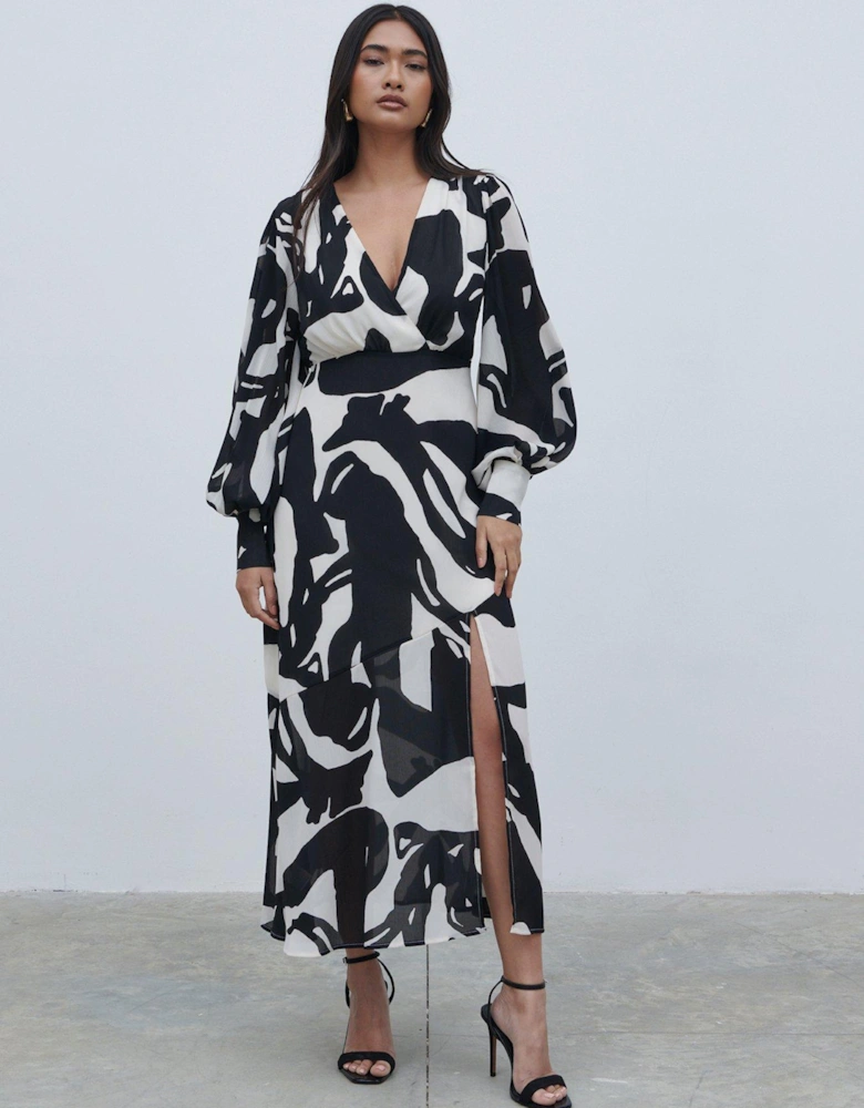 Printed Balloon Sleeve Dress - Black & White - Multi